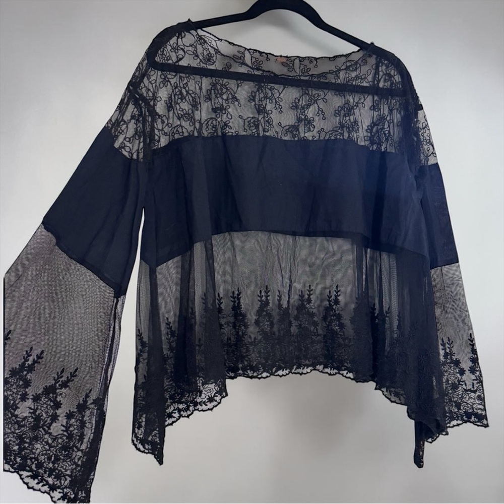 Free People Flowy Black Sheer Mesh Bell Sleeve Top With Floral Lace Details